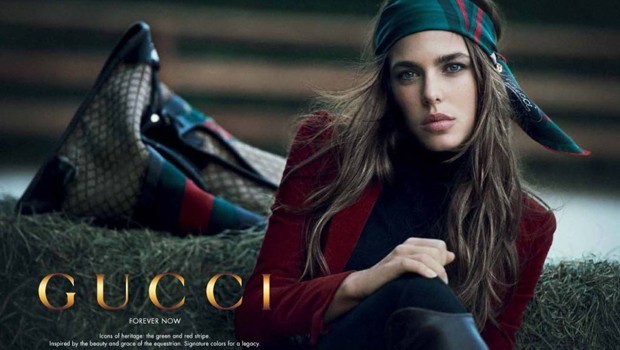 Photo of Charlotte Casiraghi in a Gucci ad, with her hair in a bandanna