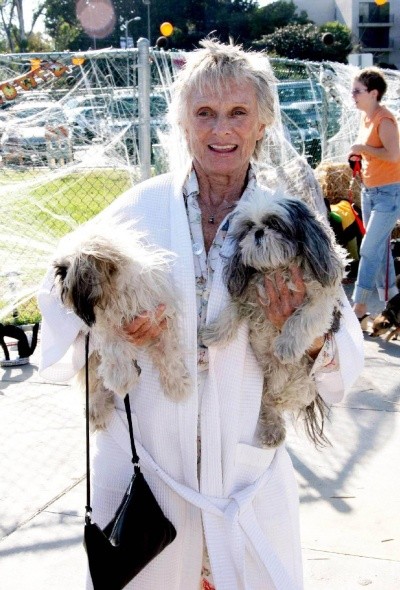 A photo of Cloris Leachman holding up two little shaggy-type dogs at an outdoor park event