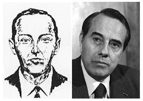 A photo of Bob Dole in a black suit, next to an artist's rendering of DB Cooper in a black suit