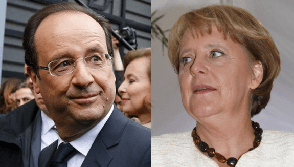 Separate photos of Francois Hollande and Angela Merkel, cut so each is looking toward the other