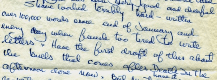 A long page of script with Ernest Hemingway's handwriting in blue ink