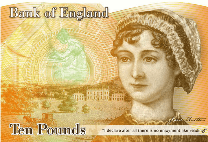 Jane Austen 10-pound banknote, with a pen portrait of Jane Austen on the front