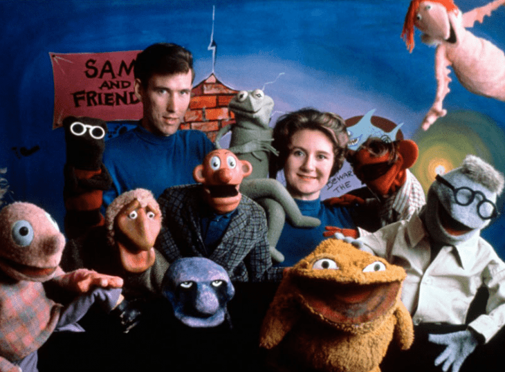 Photo of the early Muppet-type puppets, with Jim Henson and Jane amidst them all