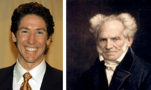 A photo of a grinning Joel Osteen next to a grimly smiling Arthur Schopenhaeur