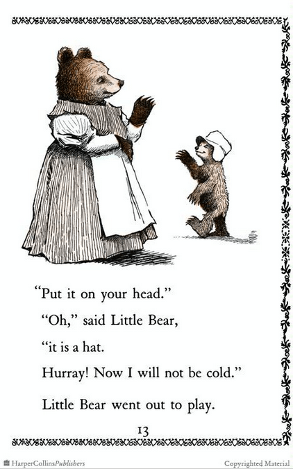 An illustration from 'Little Bear,' with mother bear in a dress and apron smiling at her boy