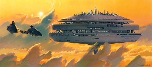 Star Wars drawing of a dreamy city floating in the clouds with a space ship flying past