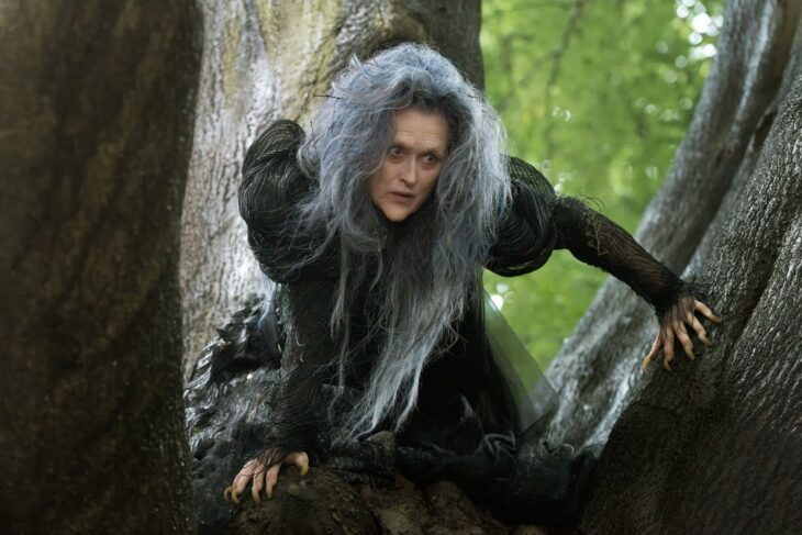 A photo of Meryl Streep in full witch costume, perched in a tree