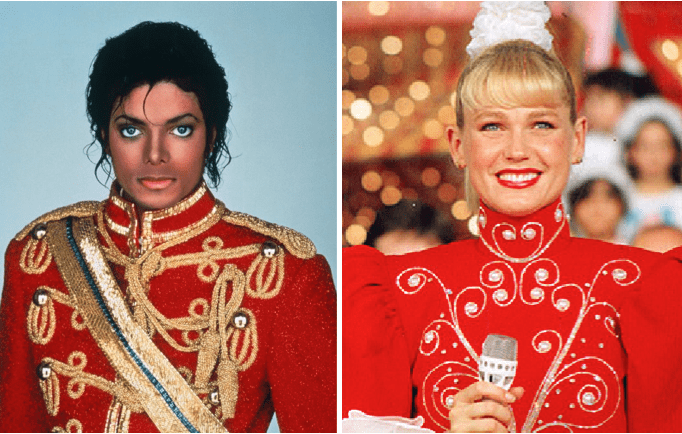 Photo of Michael Jackson in a spangled red military outfit, next to a photo of Xuxa in a red rhinestone high-collar fantasy suit