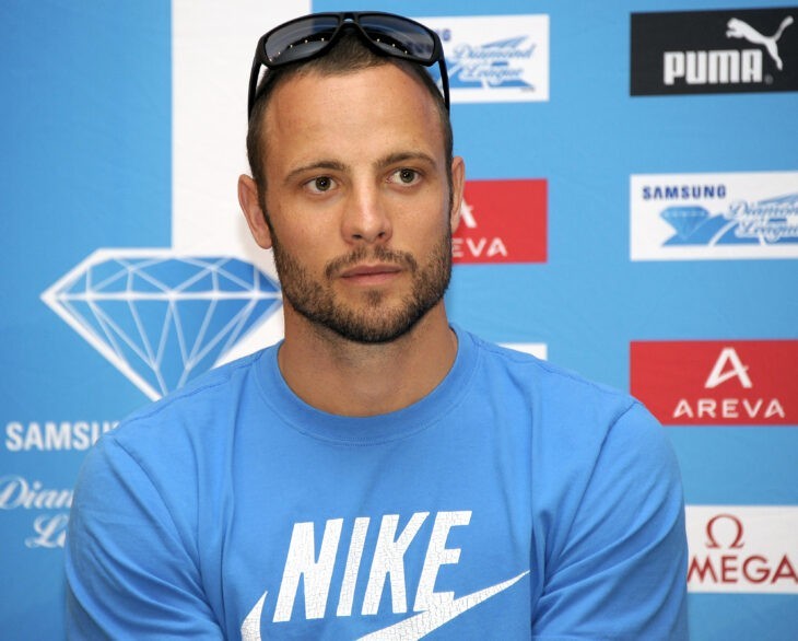 Oscar Pistorius photo, with him in a blue NIKE T-shirt at a press conference