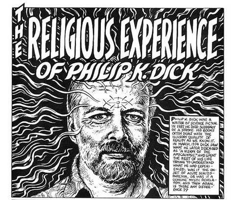 A cartoon image of the author Philip K. Dick, with energy lines emanating from his head