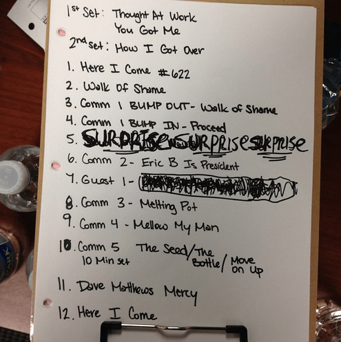 A handwritten set list for the Jimmy Fallon show band, on a clipboard