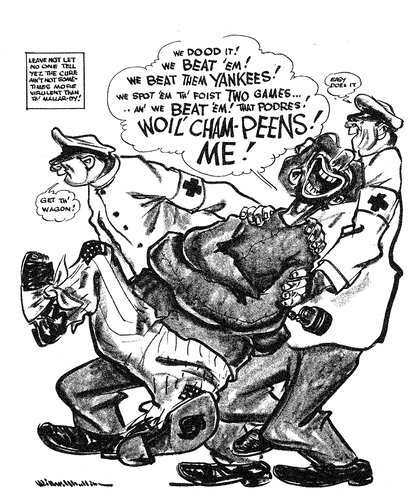Cartoon: two mental hospital attendants carry away a Brooklyn fan dressed as a bum as he raves about winning the World Series