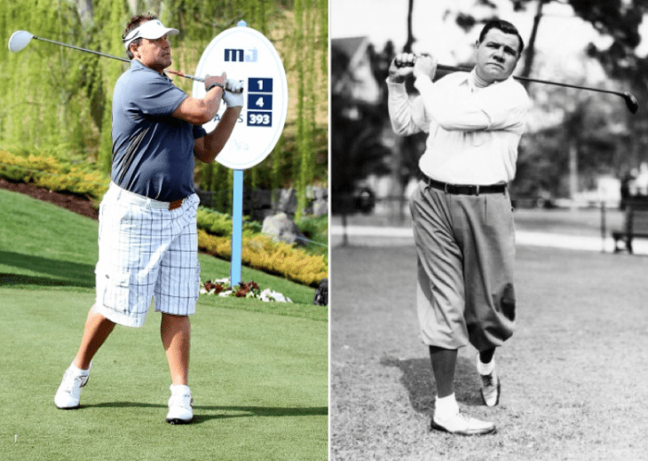 Photos of Roger Clemens (in baggy shorts) and Babe Ruth (in baggy pants) golfing