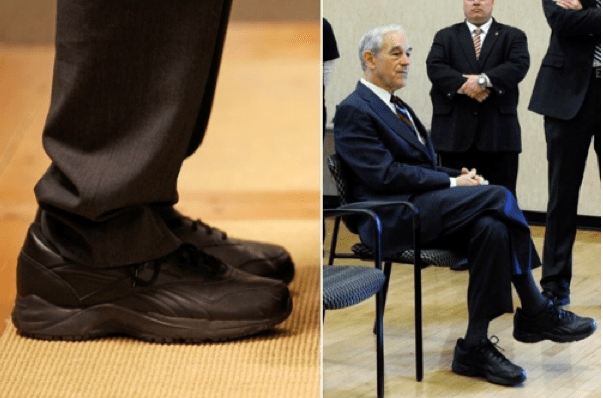 Photos of Ron Paul with black tennis shoes and a sitting cross-legged in a baggy suit