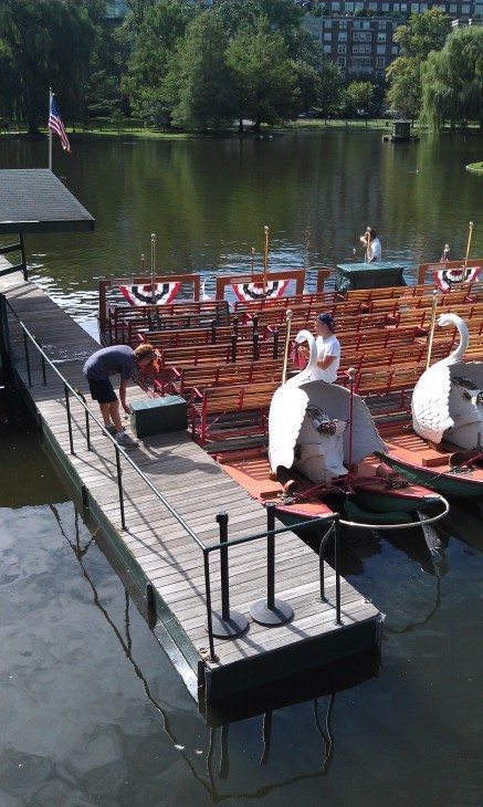 Photo of swan boats at the dock in a shallow pond in Boston Public Garden