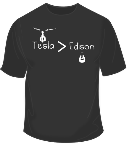 Photo of a gray T-shirt with the symbols 'Tesla > Edison'