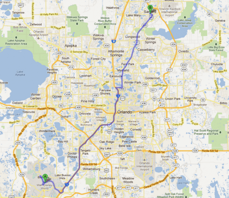 A map of Orlando showing the path from Walt Disney World to Sanford and the Polk jail