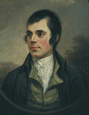 Robert Burns, in a natty suit and white high collar, with longish black hair, looking to his right (our left)