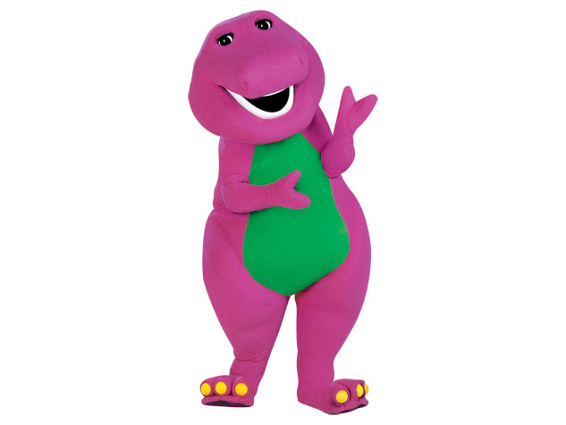 Barney is a pudgy and fuzzy purple dinosaur, standing on his hind legs, with a green vest and a manic, toothy smile