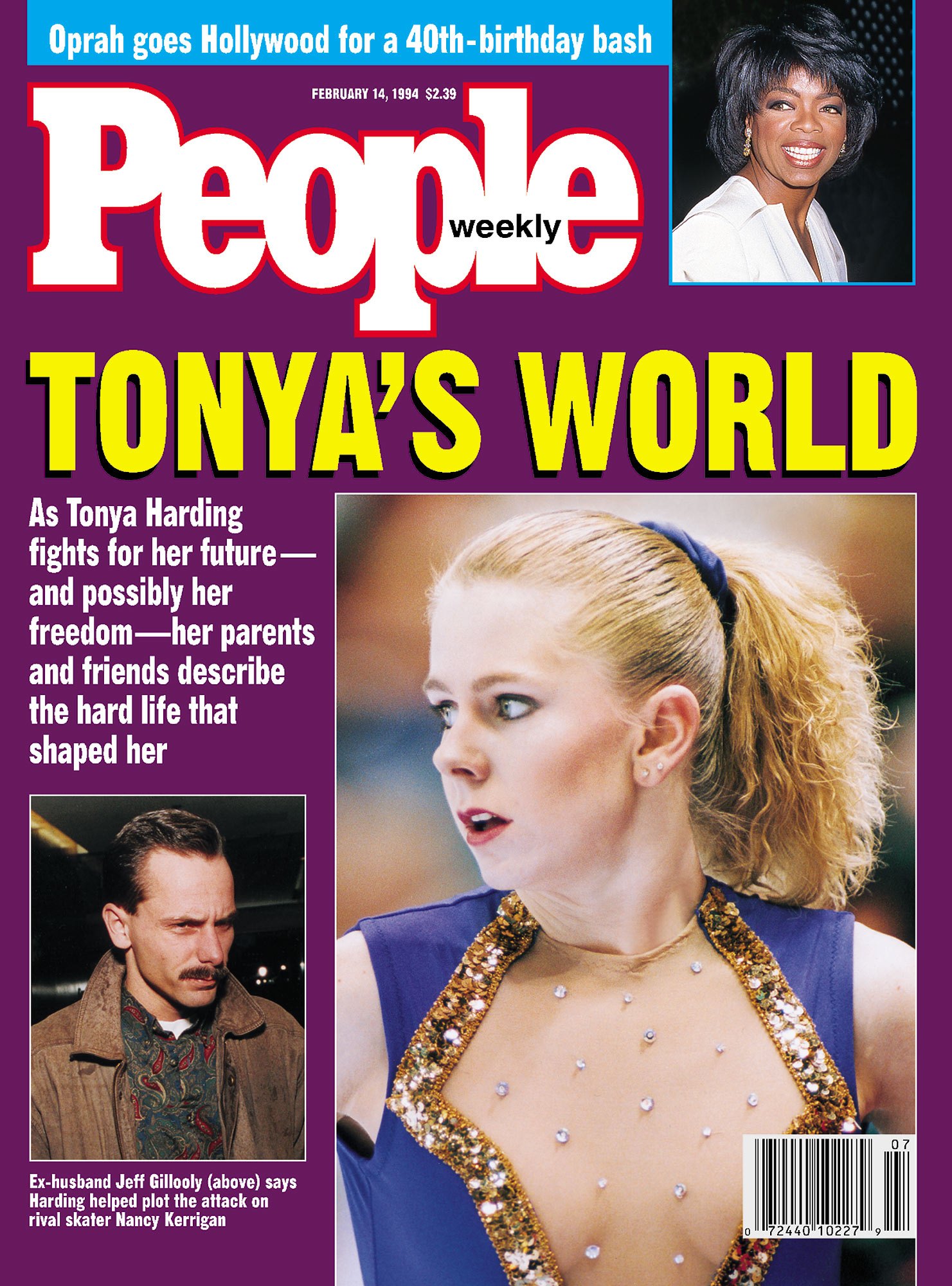 People Magazine cover with a photo of Tonya Harding skating and the headline "TONYA'S WORLD." (Also a small photo of Oprah on her 40th birthday!)