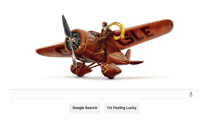 A Google Doodle of Amelia Earhart standing on the wing of an old plane, with the word GOOGLE on the wings