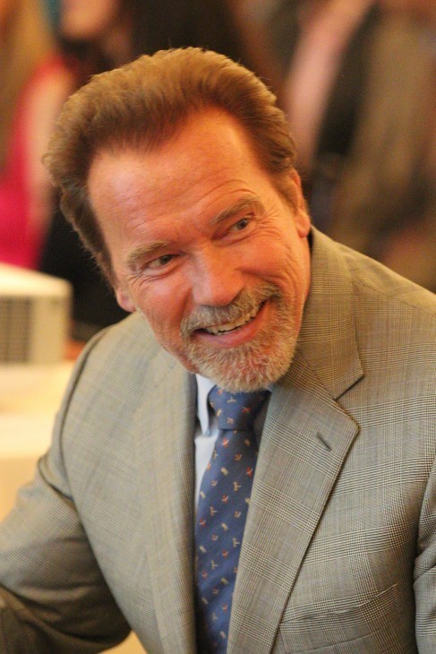 Photo of Arnold Schwarzenegger with a brownish-gray goatee-type beard and a business suit