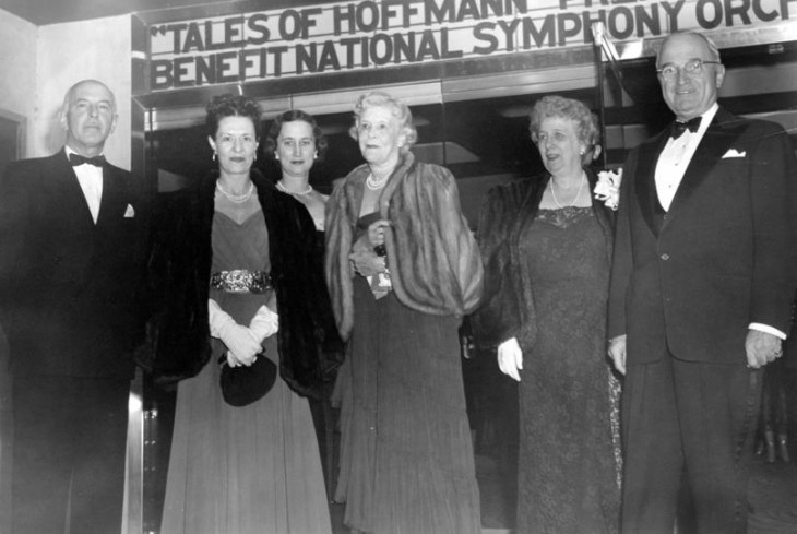Photo of Bess Truman in a gown outside a theater