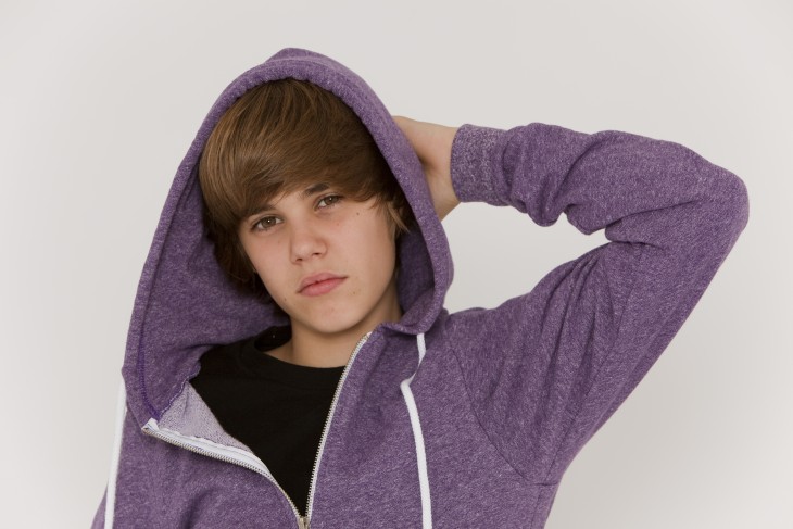 Photo of Justin Bieber in a purple hoodie
