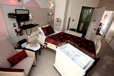 Photo of Kim Kardashian's birthing room, with roses on the bedspread