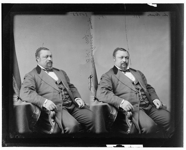 Two photos of Blanche Bruce side-by-side, seated and in an elegant suit, one looking left and one looking at the camera