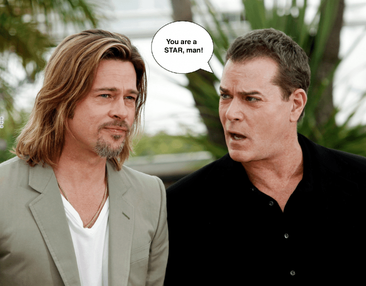 Ray Liotta talks to Brad Pitt; a cartoon voice balloon reads, 