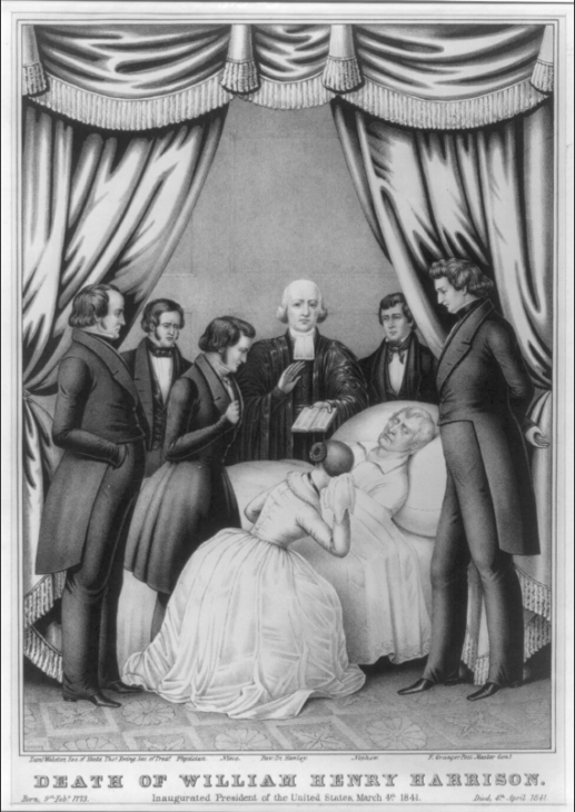 William Henry Harrison lies on his bed, surrounded by grim doctors and a weeping wife (or woman, anyway)
