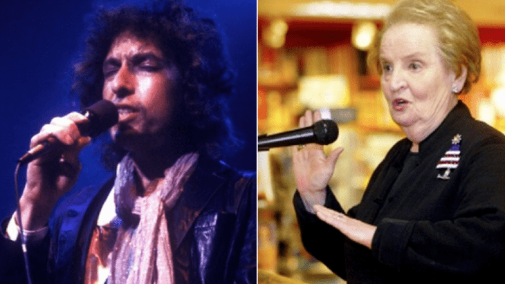 A photo of Bob Dylan singing into a microphone, next to a photo of Madeleine Albright talking into a microphone