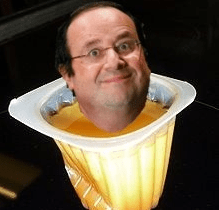 A funny image of Francois Hollande's head poking out of a small tub of caramel pudding