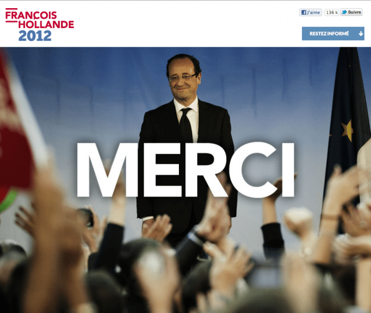 A web page with a big photo of Francois Hollande waving to fans and the giant word MERCI.