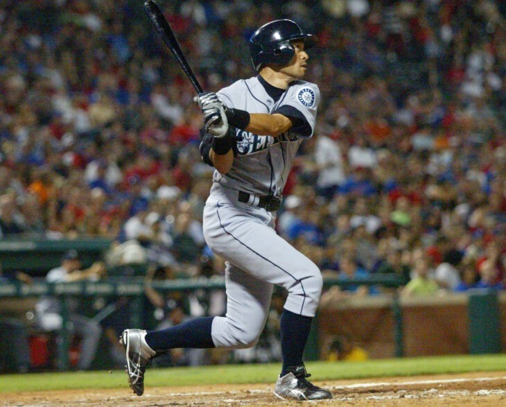 Ichiro Suzuki swings the bat with his distinctive slashing swing