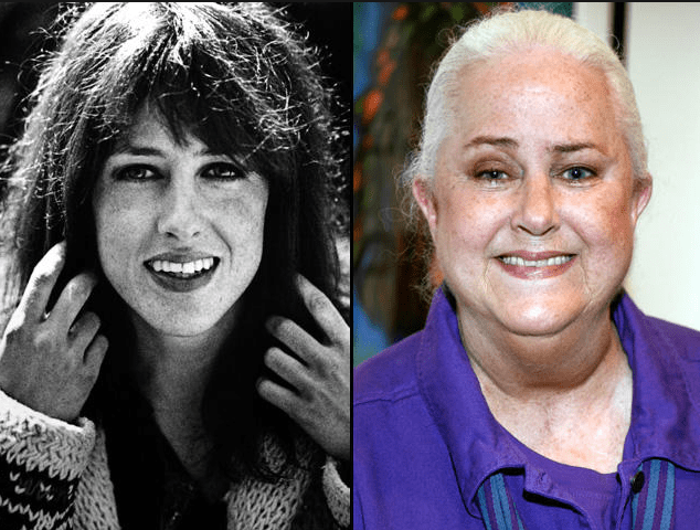 Side-by-side photos of Grace Slick, looking young and dark and then plump and gray