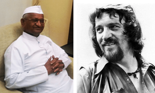 A photo of an old Indian man in a white cap, and a young Waylon Jennings in beard and scruffy shirt