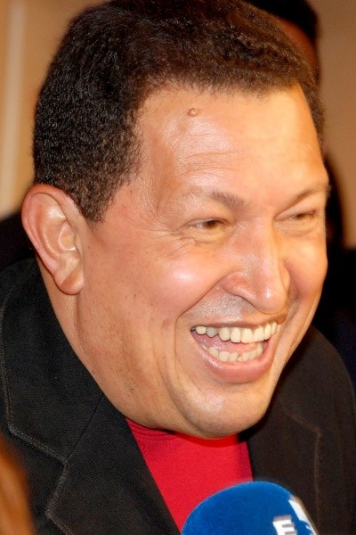 Hugo Chavez photo, with him grinning for microphones