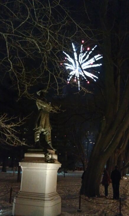 A fireworks shell explodes behind trees with a statue in foreground