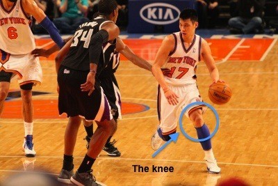 Photo of Jeremy Lin driving for a basket, with his knee circled and an arrow pointing to it