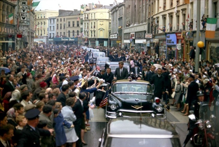 JFK in a motorcade in Cork, Ireland. Photo by Robert Knudsen. John F. Kennedy Presidential Library and Museum