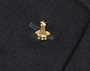 Photo of a shiny gold pin that looks like an oil rig or maybe a space rocket gantry