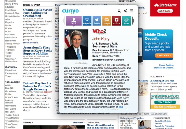 Image of a NY Times news story with a smaller pop-up box featuring a Curiyo entry for John Kerry