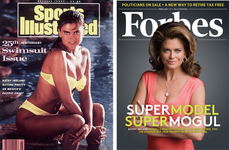 Kathy Ireland poses on a 1989 sports illustrated magazine, next to a shot of her on a 2011 Forbes