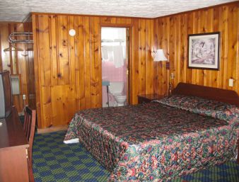 Photo of a motel bedroom with knotty pine paneling and a modern polyester bedspread