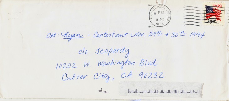 A letter addressed to 'Ryan, Contestant Nov. 29th and 30th, Jeopardy'