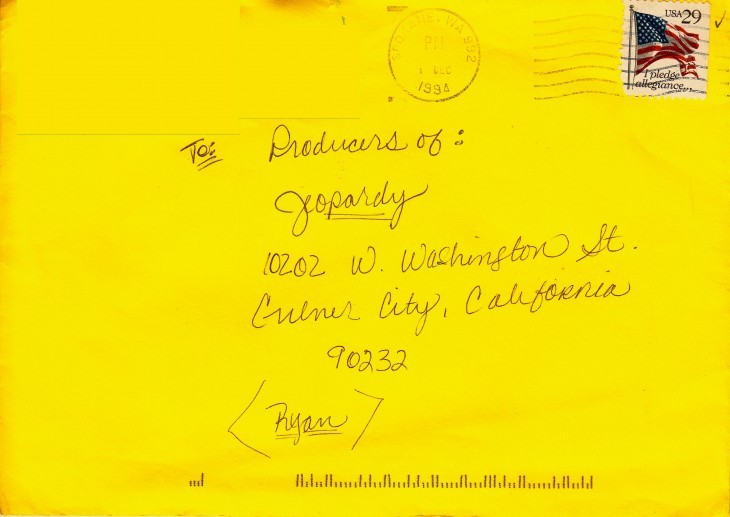 A yellow envelope addressed to 'Producers of: Jeopardy'