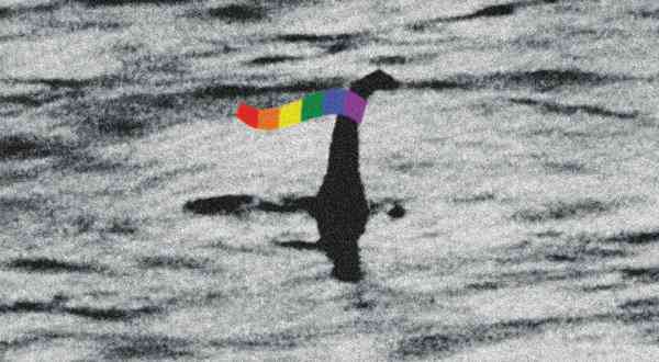 A grainy photo of the Loch Ness Monster in the loch with a rainbow-colored scarf flying from its neck