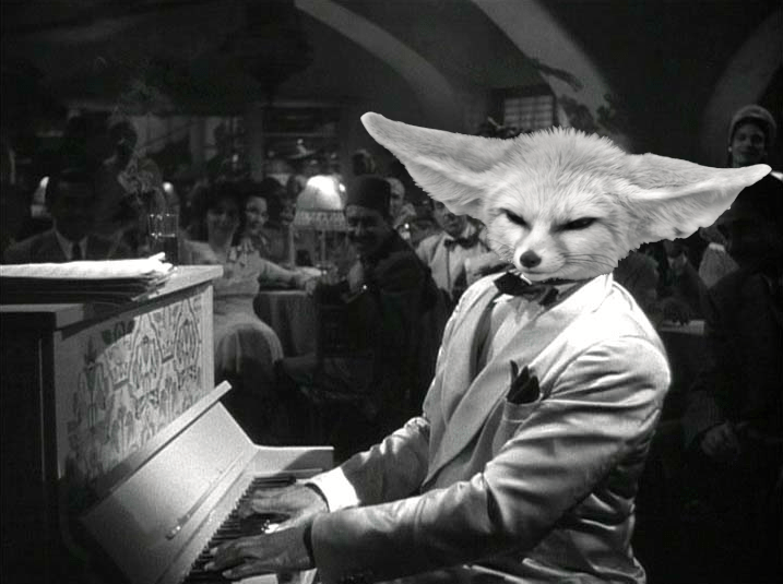A photo of Sam from Casablanca playing the piano, only now with the head of a Fennec Fox